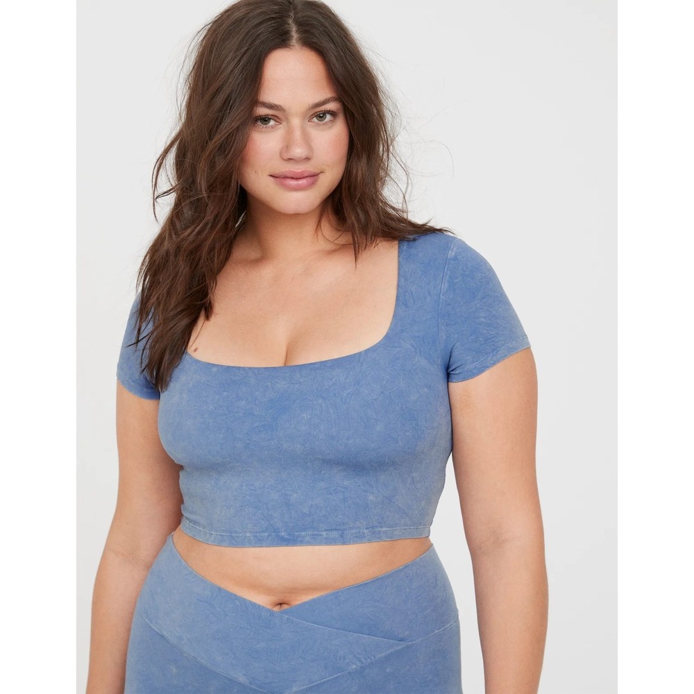 OFFLINE By Aerie Real Me Square Neck T-Shirt XL Blue Marble Athletic Cropped